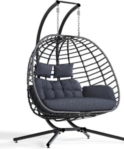SWITTE Double Egg Swing Chair with Stand 2 Person Wicker Hanging Chair with Cushion Dark Grey