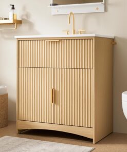 AMADA HOMEFURNISHING 30 in Bathroom Vanity with Ceramic Sink Fluted Free Standing Cabinet Natural Oak