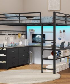 ADORNEVE Full Size Loft Bed with U Shaped Desk 6 Drawers Shelves Power Outlet and LED Metal Frame Grey