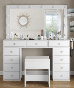 Yanosaku Vanity Desk with Mirror 12 LED Lights 11 Drawer Makeup Table with Chair and Charging Station White