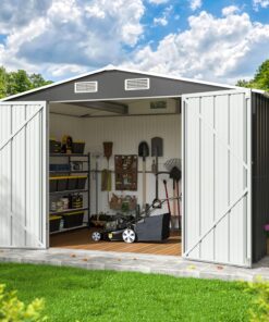 DAUSOLA 10x8 ft Outdoor Storage Shed Metal Garden Tool Shed with Lockable Doors Grey
