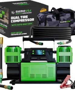 Rhino USA Dual Tire Air Compressor 12V 10.6 CFM with Auto Shutoff Pressure Gauge and Filters