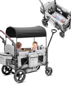 Rovique Wagon Stroller for 2 Kids with Removable Canopy Snack Tray Bassinet and All Terrain Wheels