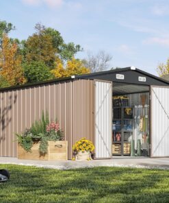 Aoxun 10x12 ft Outdoor Storage Shed Metal Utility Garden Shed with Lockable Door Brown